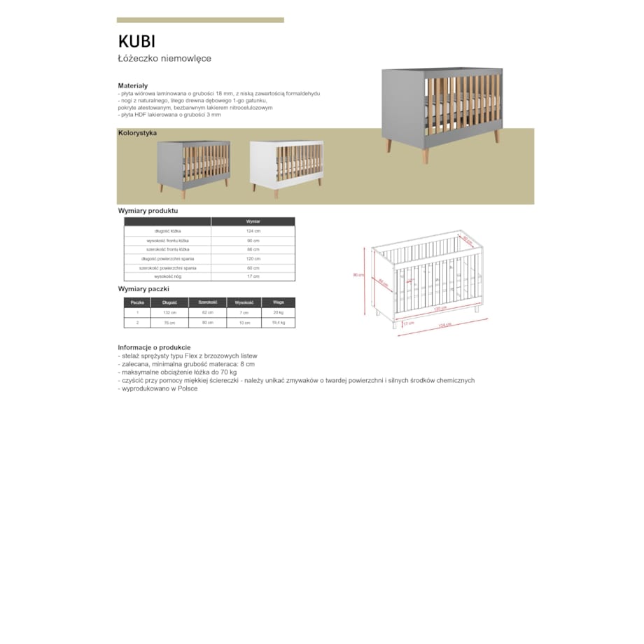 Łóżko Kubi szare niemowlęce bez szuflady bez materaca 124/66