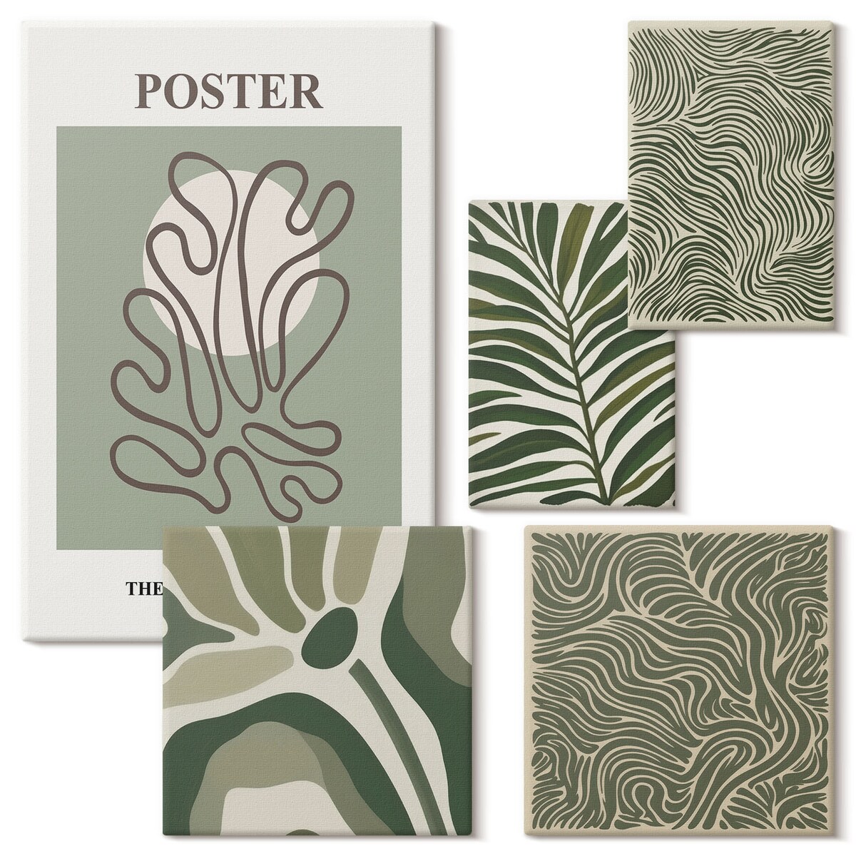 Zestaw 5 obrazów na płótnie - Abstrakcyjne roślinne formy boho - zielony