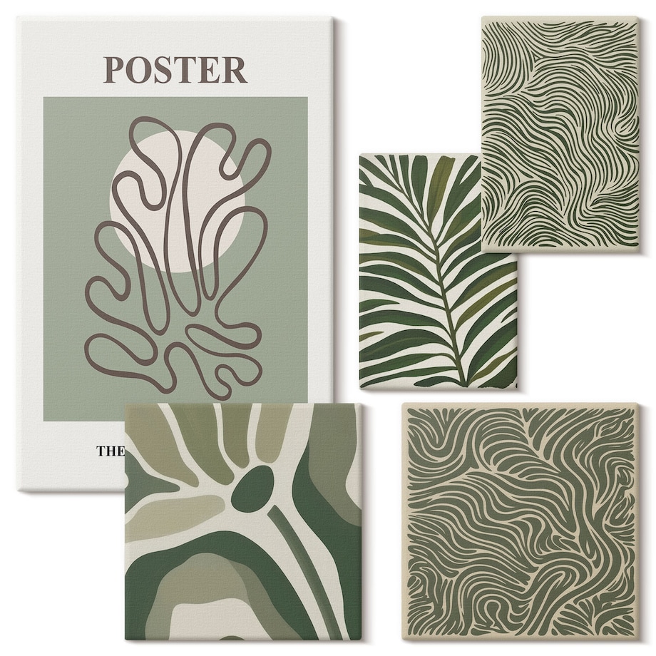 Zestaw 5 obrazów na płótnie - Abstrakcyjne roślinne formy boho - zielony