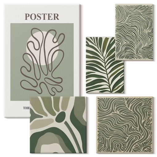Zestaw 5 obrazów na płótnie - Abstrakcyjne roślinne formy boho - zielony