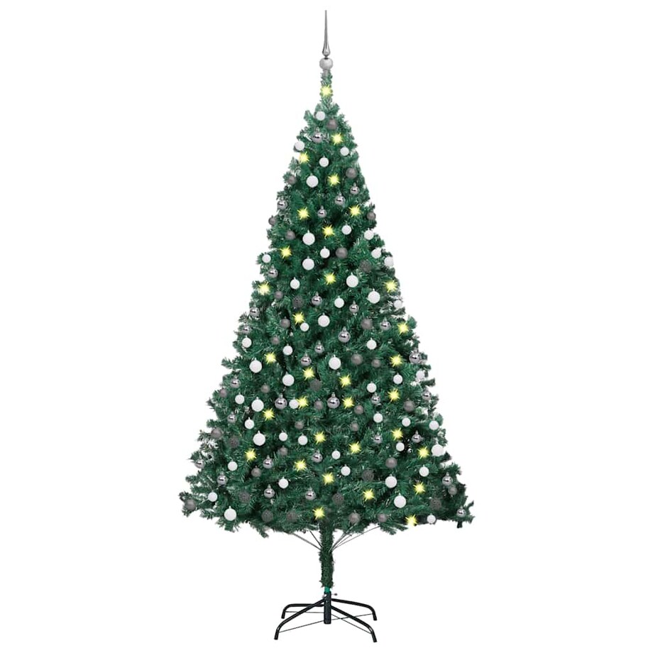 vidaXL Sztuczna choinka z lampkami i bombkami, zielona, 210 cm, PVC