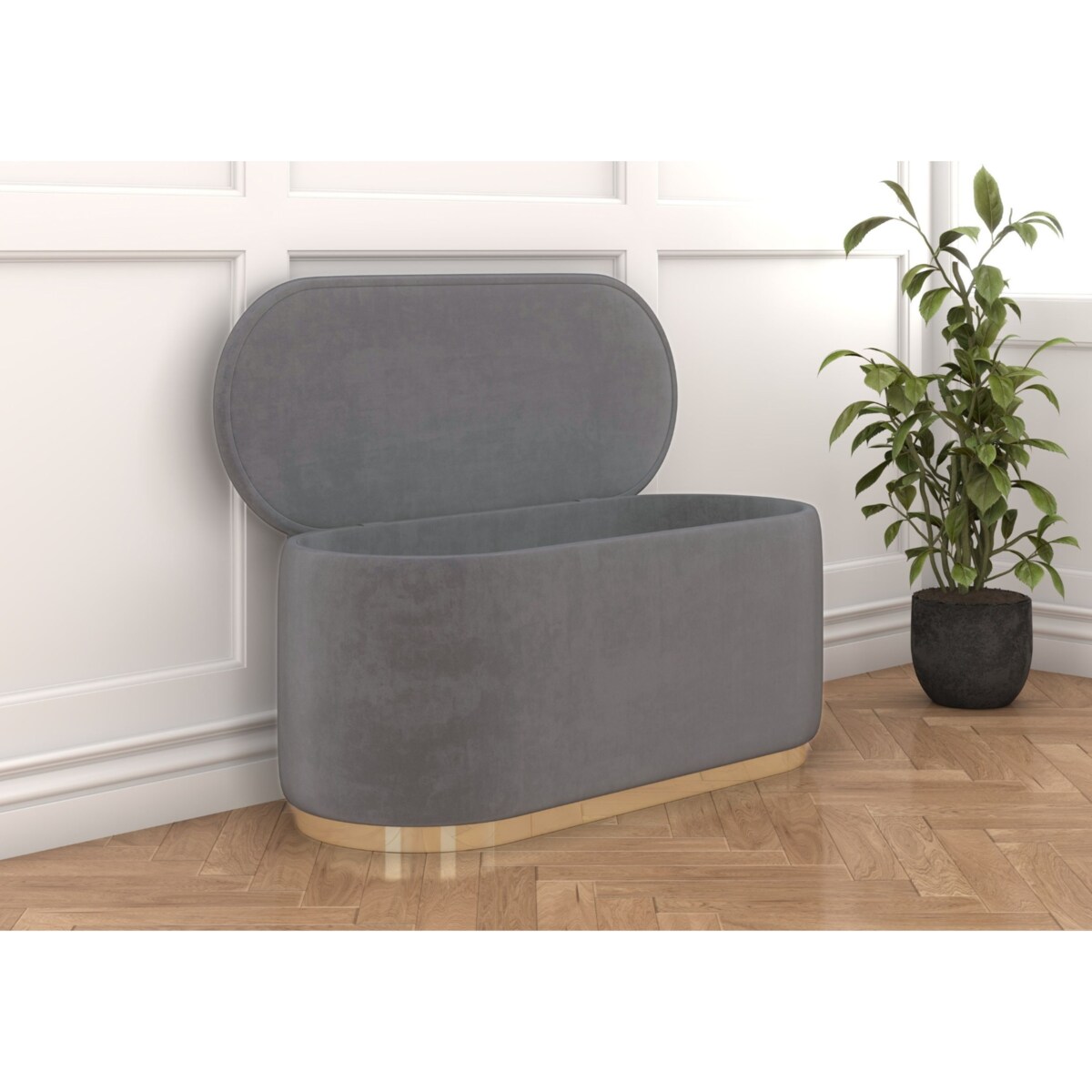 Tapicerowany owalny puf ze schowkiem Dancan SCARLETT na złotej podstawie / szer. 110 cm / jasnoszary