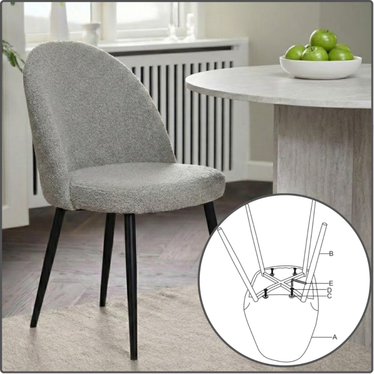 Krzesło tapicerowane boucle do salonu jadalni nowoczesne wygodne stylowe szare