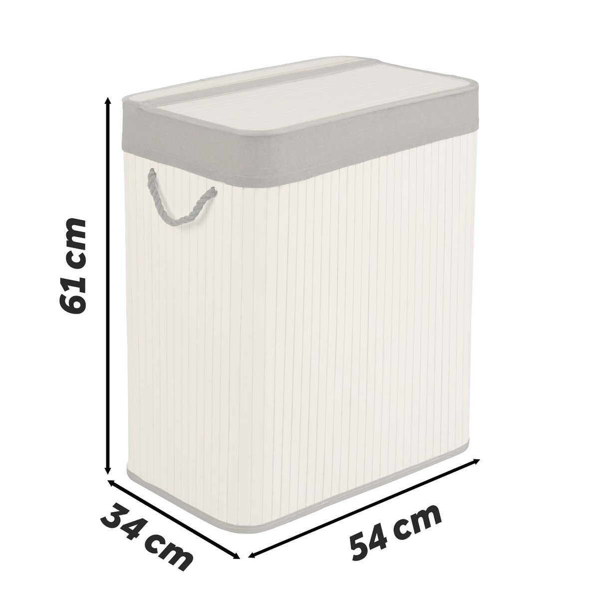 Massido, bambusowy kosz na pranie z pokrywą dwukomorowy 100l, biały szary 61x54x34 cm