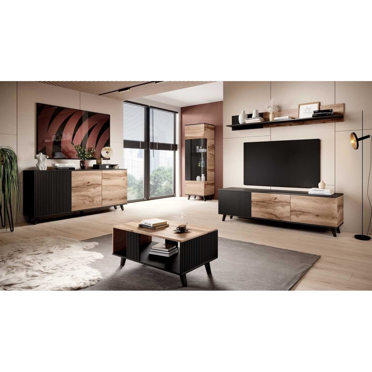 SZAFKA RTV Adre 180/40/52 cm MDF i TWORZYWO dąb wotan/czarna