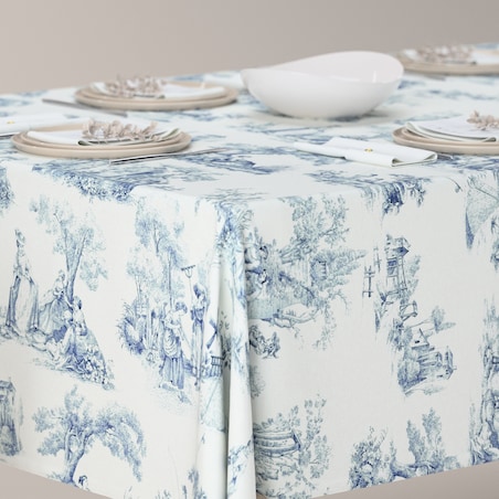 Obrus prostokątny 130 x 210 cm scenki rodzajowe w kolorze niebieskim na tle ecru