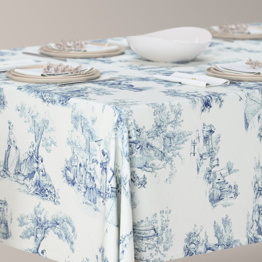 Obrus prostokątny 130 x 210 cm scenki rodzajowe w kolorze niebieskim na tle ecru