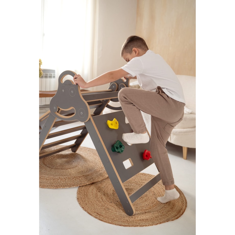 Drabinka Pikler ŚCIANKA WSPINACZKOWA + DUŻA zjeżdżalnia DRABINKA - szara