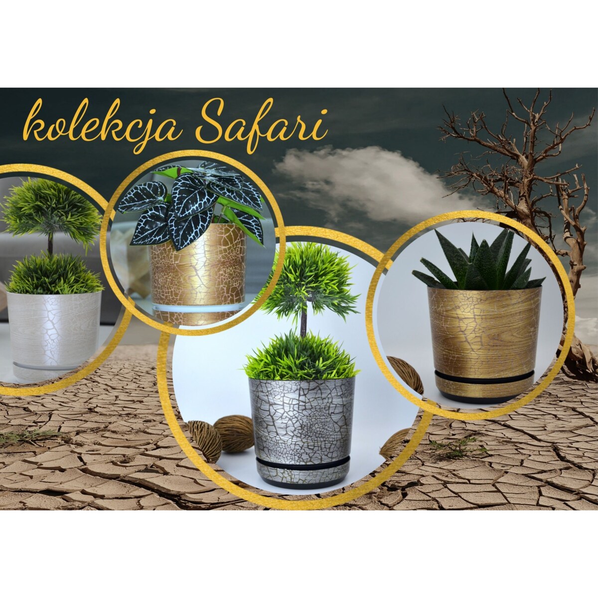 32 cm wzór SAFARI DREWNO Doniczka z podstawką efekt naturalny drewna złotej deski drewnopodobna duża donica szeroka
