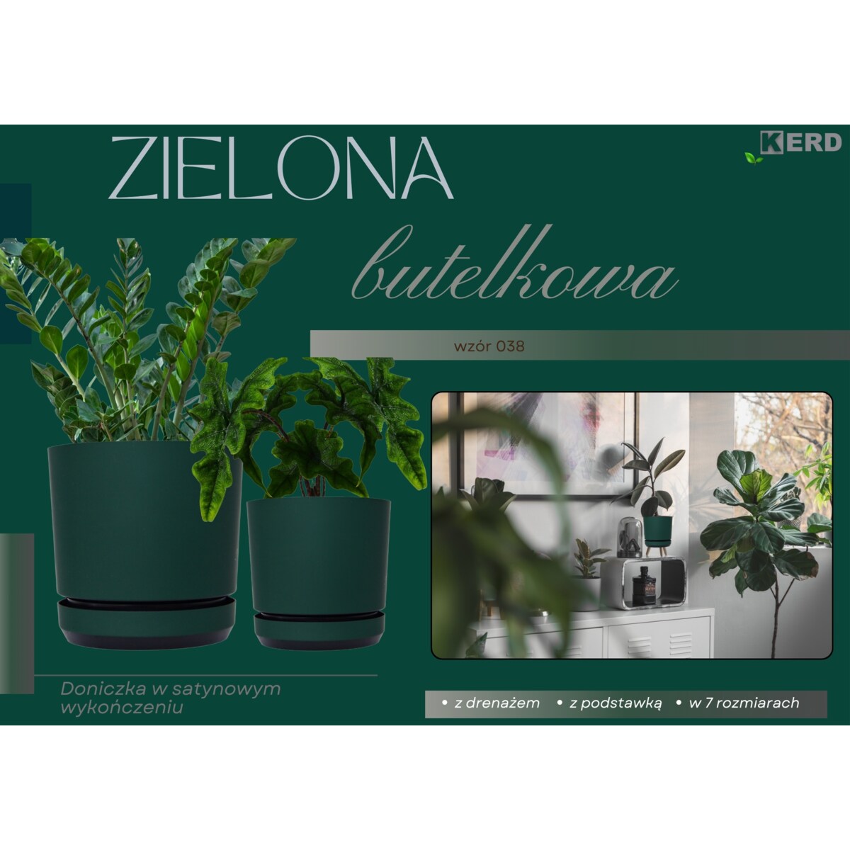 16 cm wzór ZIELONA BUTELKOWA Doniczka z podstawką ciemna zieleń satynowa matowa