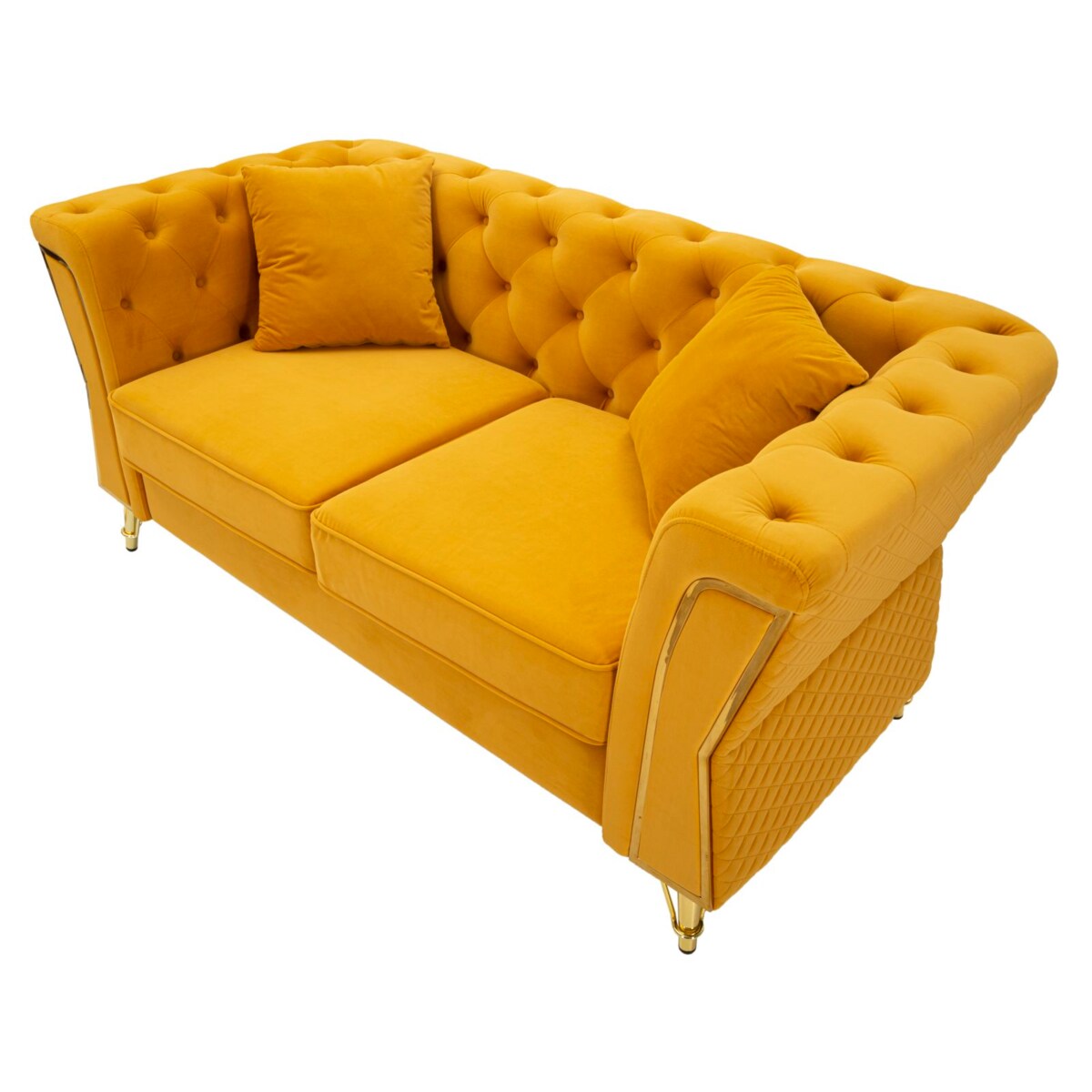 Sofa Emy, kolor musztardowy i złoty, poliester, drewno eukaliptusowe, drewno sosnowe, sklejka i metal, 162 x 83 x 76 cm, do salonu, Mauro Ferretti