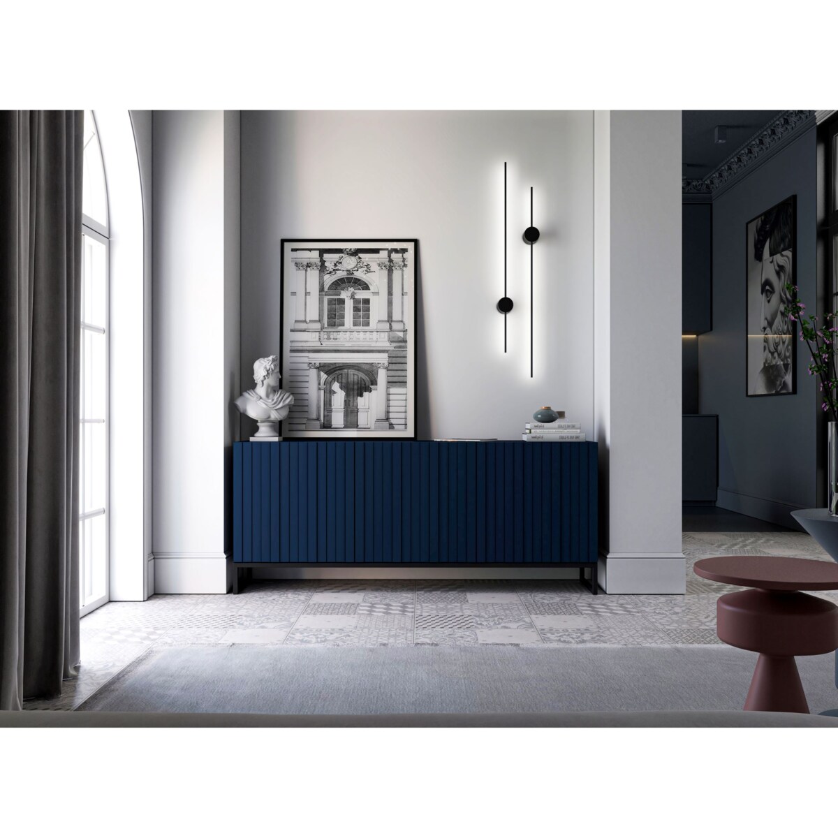 Komoda RTV Glamour Szafka RTV Loft Granatowy MAT 168 cm Czarna Rama Metalowa