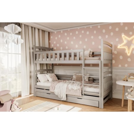 Łóżko piętrowe JULITA 200x90 szare drewniane trzyosobowe z szufladami