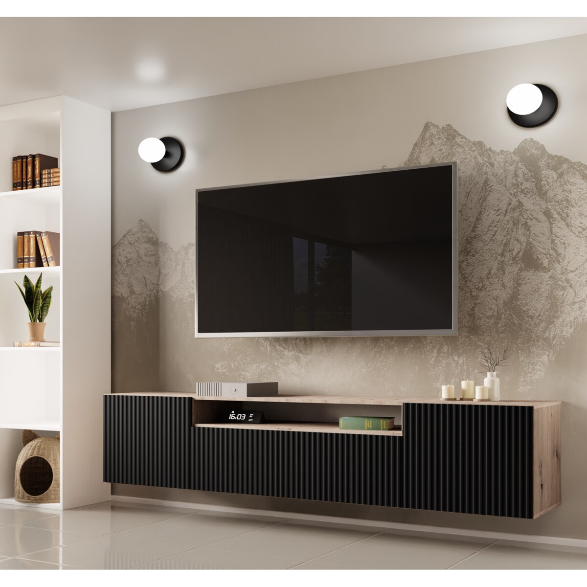 Szafka RTV NOELI, wisząca z ryflowanymi frontami do salonu- czarna-artisan