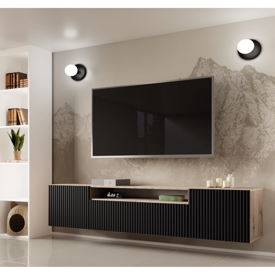 Szafka RTV NOELI, wisząca z ryflowanymi frontami do salonu- czarna-artisan