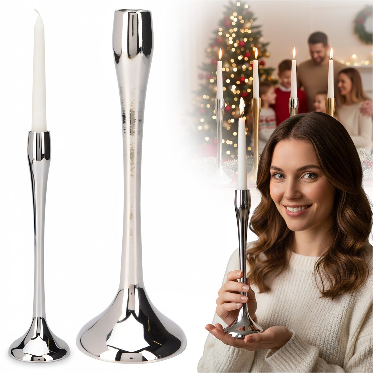 Świecznik Metalowy Pojedynczy Na Świecę Świeczki Świąteczny Glamour 25,5 Cm