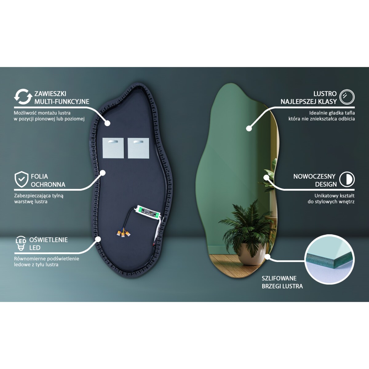 Lustro LED o płynnym kształcie, 45x100 cm, ciepłe światło