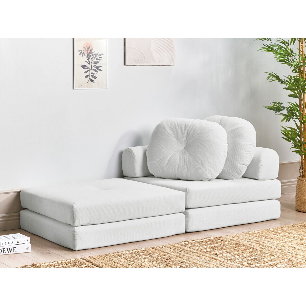 Sofa rozkładana jednoosobowa sztruksowa biała OLDEN