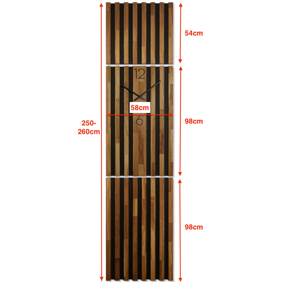 Dębowy panel ścienny Zegar w Lamelach 250x58cm