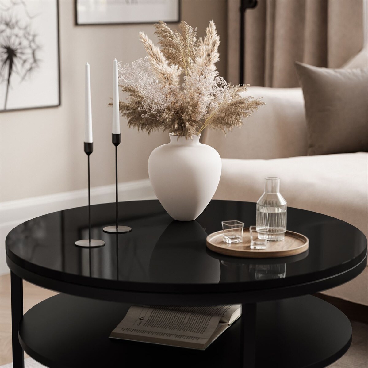 Stolik kawowy CIRI SLIM z półką czarny połysk