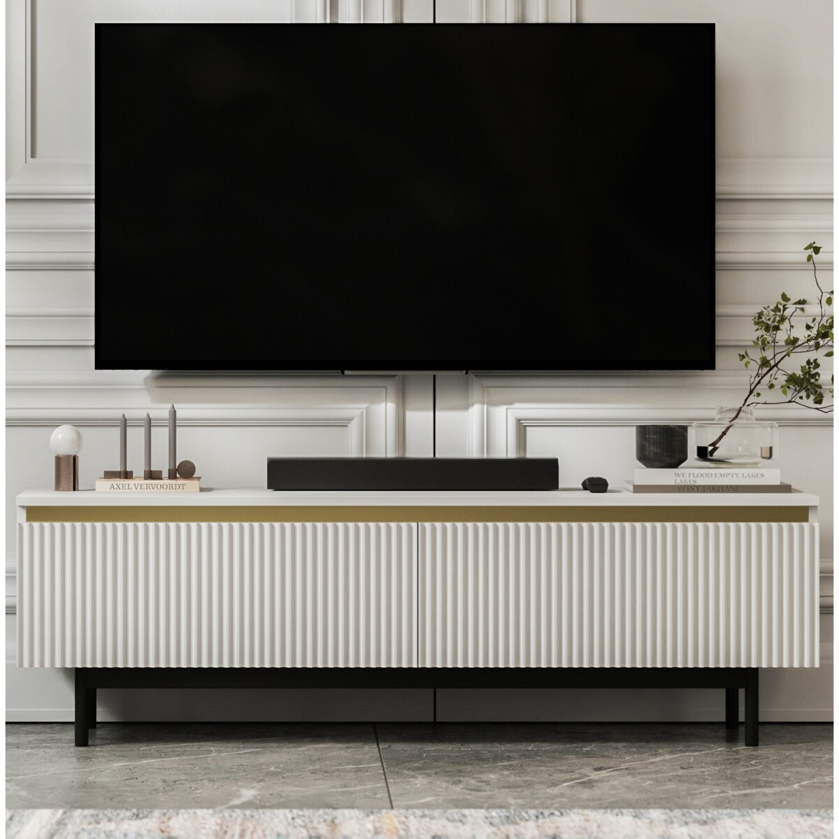 Nowoczesna Szafka RTV Komoda Glamour RTV Biały Mat rama w kolorze czarnym 140 cm