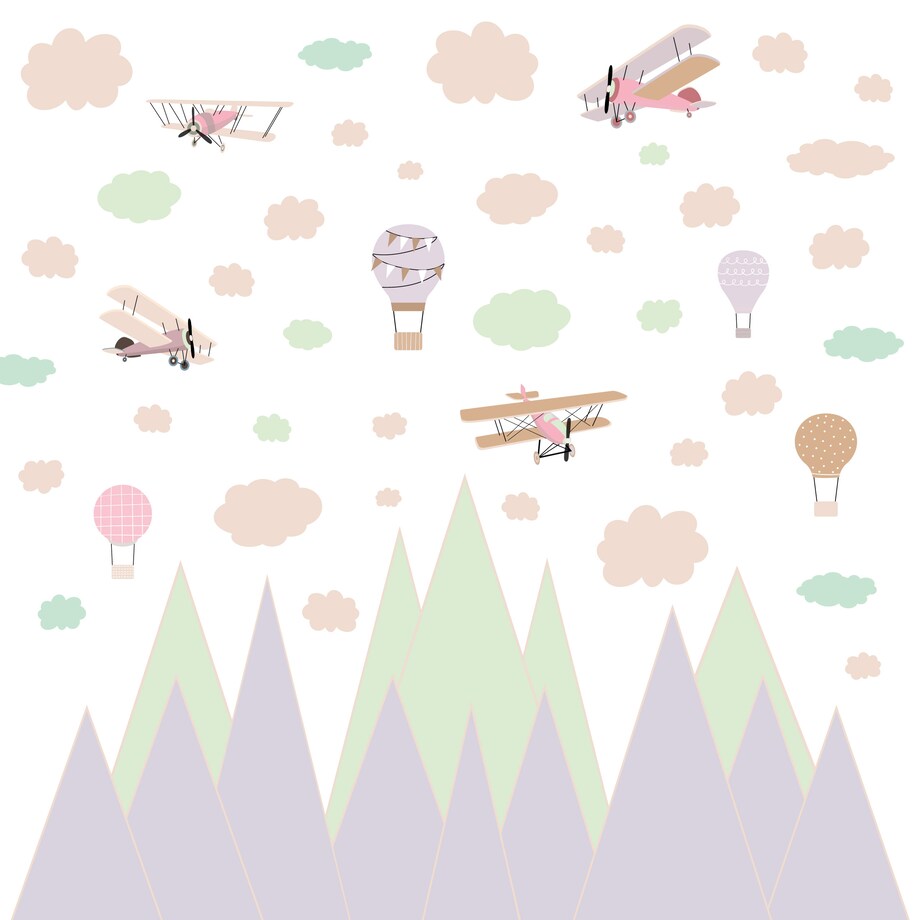 NAKLEJKI ŚCIENNE DLA DZIECI ZIELONE GÓRY BALONY SAMOLOTY STYL RETRO ZESTAW