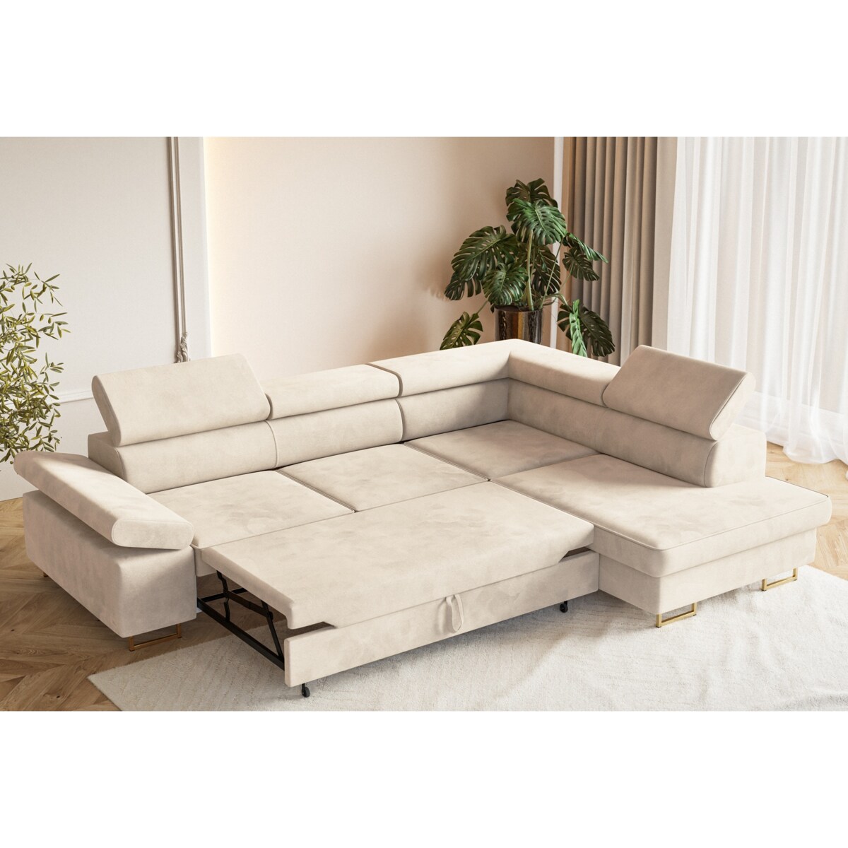 Narożnik ALEX z regulowanymi zagłówkami, prawostronny-Matt Velvet beżowy