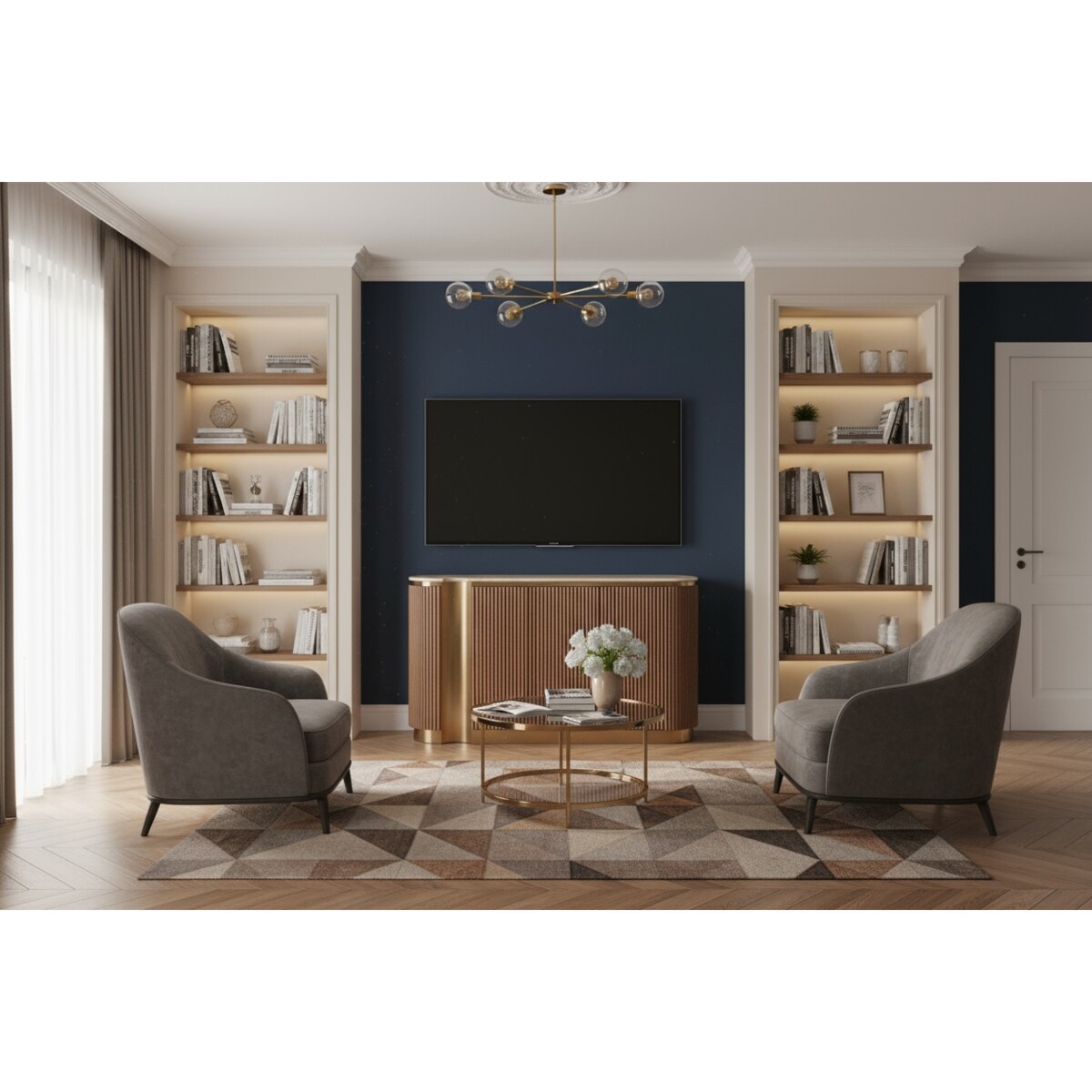 Ryflowana komoda drewniana brązowa złota Nutris Glamour Premium z blatem marmurowym 158x40x88