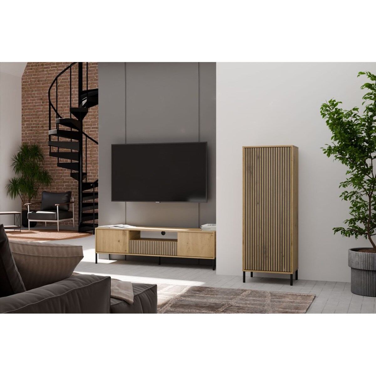 Witryna KAMARO 1DD SLIM DĄB ARTISAN Lamele Front Ryflowany