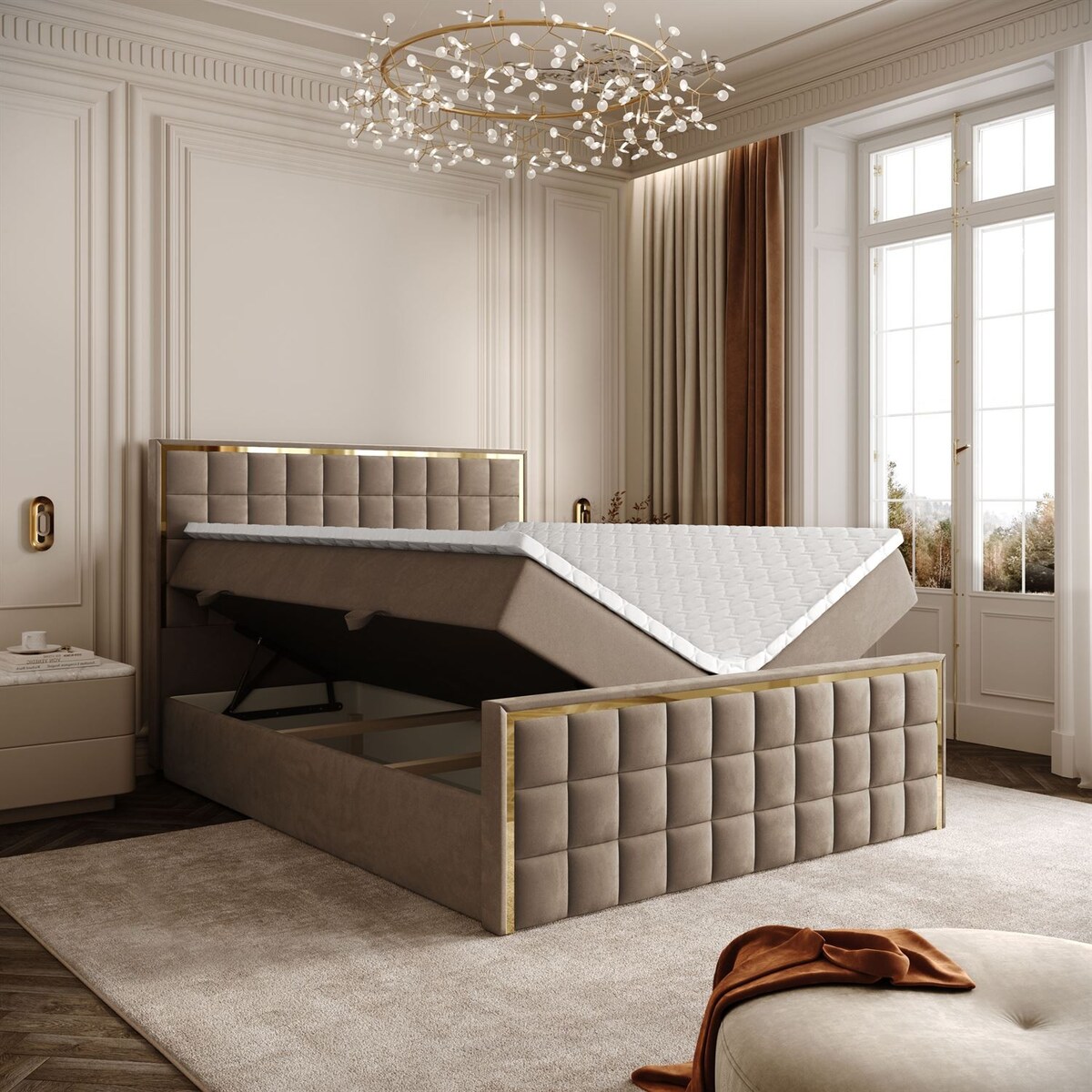 Łóżko kontynentalne ISADORA II GOLD, pojemnik na pościel, 180x200, RV 176, topper