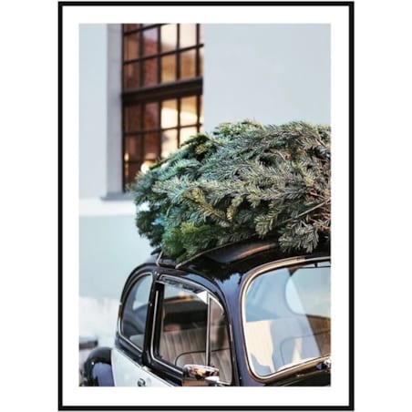 Poster Story, Plakat, Obraz - Zabytkowy Brązowy Samochód z Choinką na Dachu, wymiary 30 x 42 cm