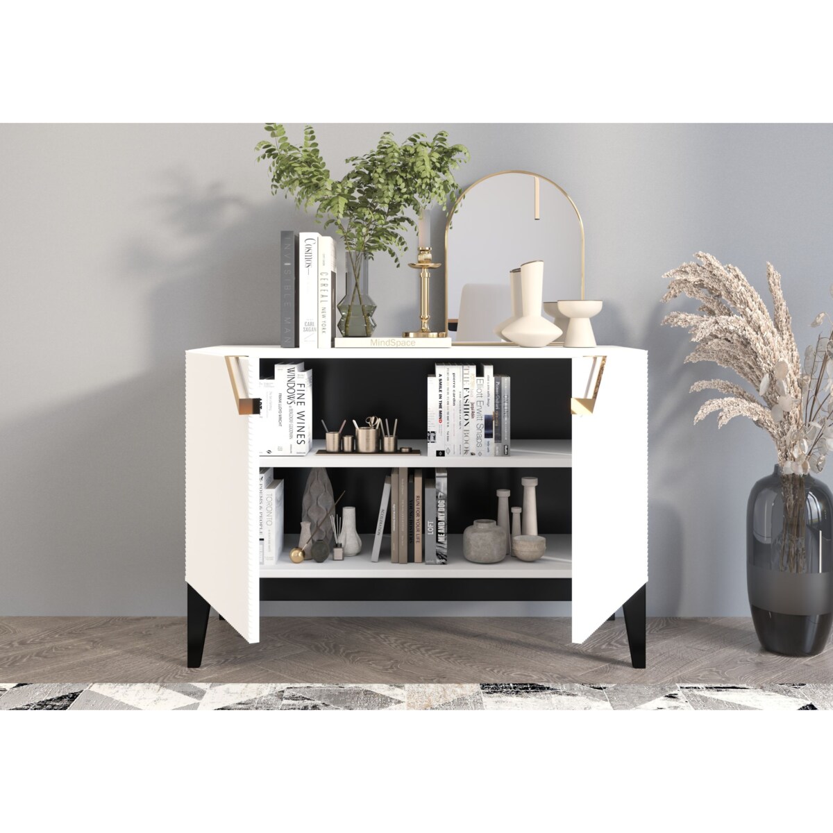 Drewniana komoda Visby DEMI LONG 2D / kolor biały + czarne nogi / szer. 100,5 cm