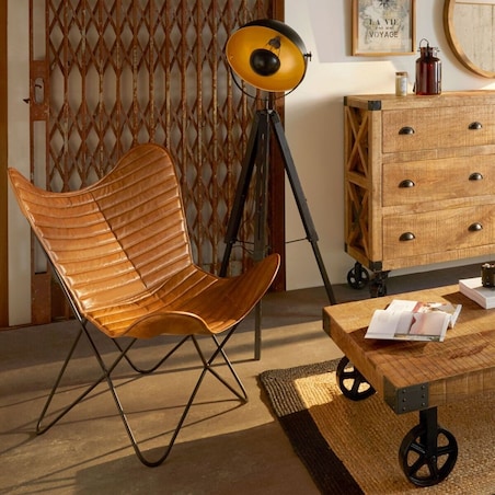 Fotel Butterfly brązowy ze skóry pikowany