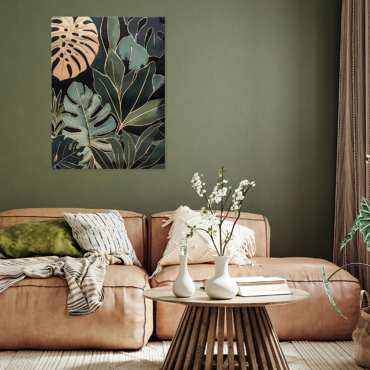 OBRAZ LIŚCIE ZIELONE ZŁOTE NA PŁÓTNIE ŚCIANĘ DO SYPIALNI SALONU 120x80