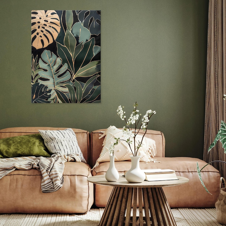 OBRAZ LIŚCIE ZIELONE ZŁOTE NA PŁÓTNIE ŚCIANĘ DO SYPIALNI SALONU 120x80