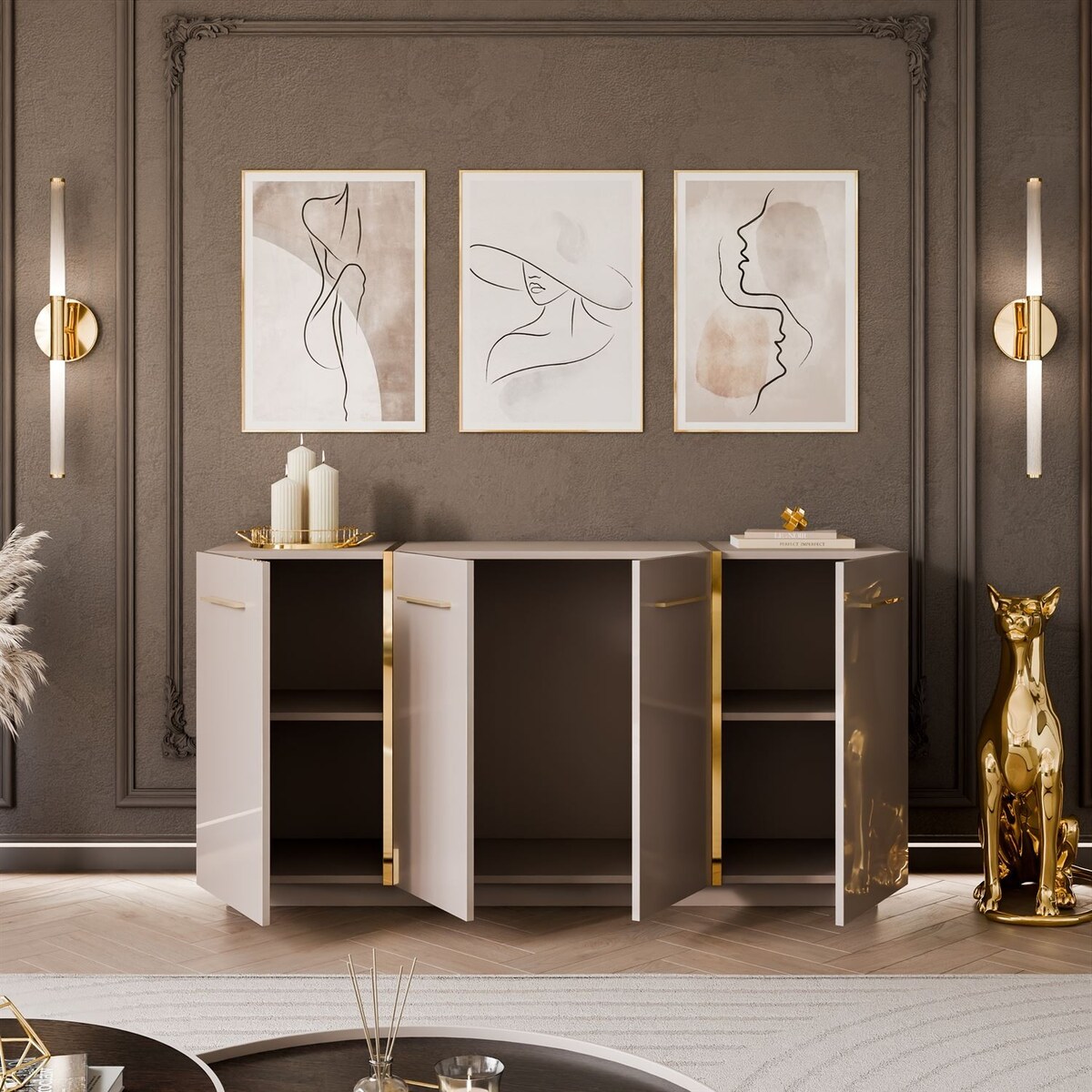 Komoda ONYX 4D kaszmir połysk cokół 158 cm uchwyty