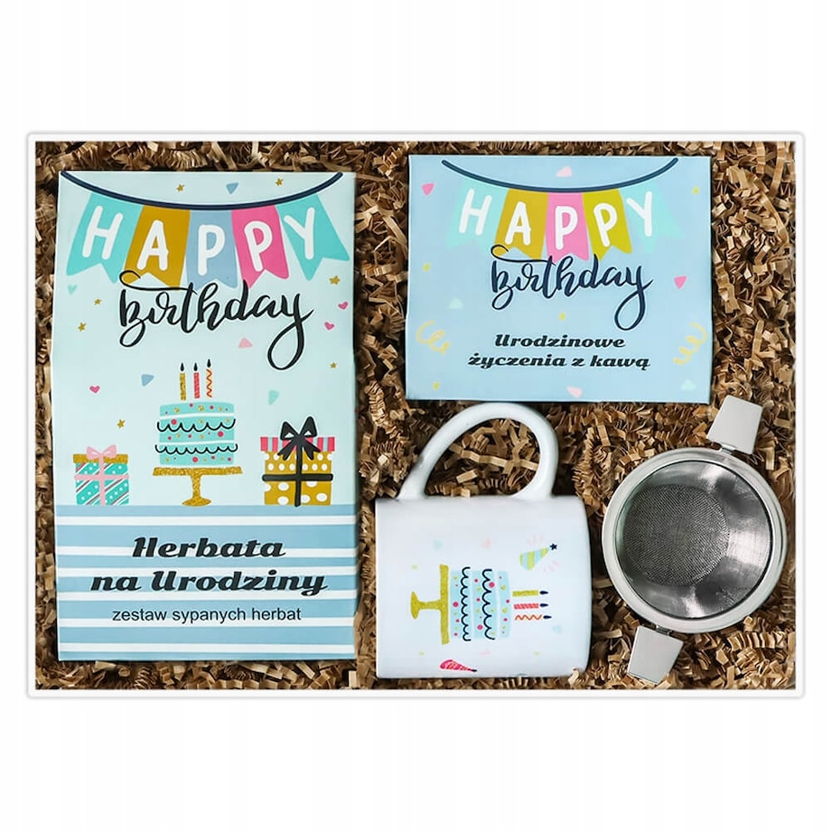 BOX z kawą herbatą zaparzaczem i kubkiem na urodziny 33,5x23x10cm B. DUŻY!