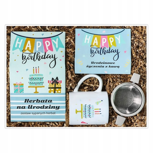 BOX z kawą herbatą zaparzaczem i kubkiem na urodziny 33,5x23x10cm B. DUŻY!