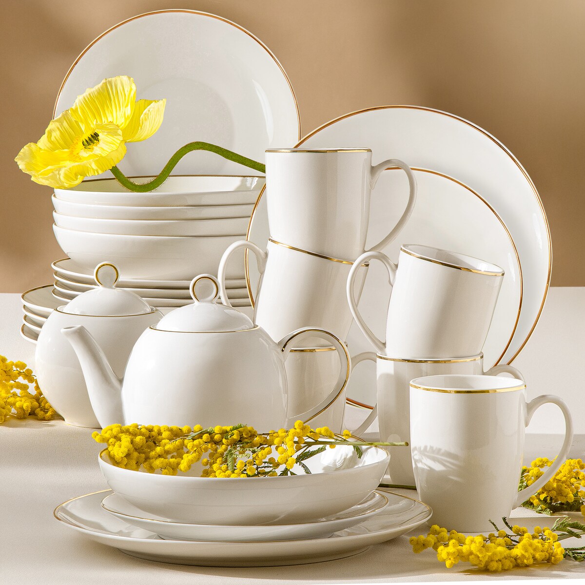 KONSIMO AD BELLA, Zestaw obiadowo-herbaciany 6 os. (26 el.), kolor ecru/złoty
