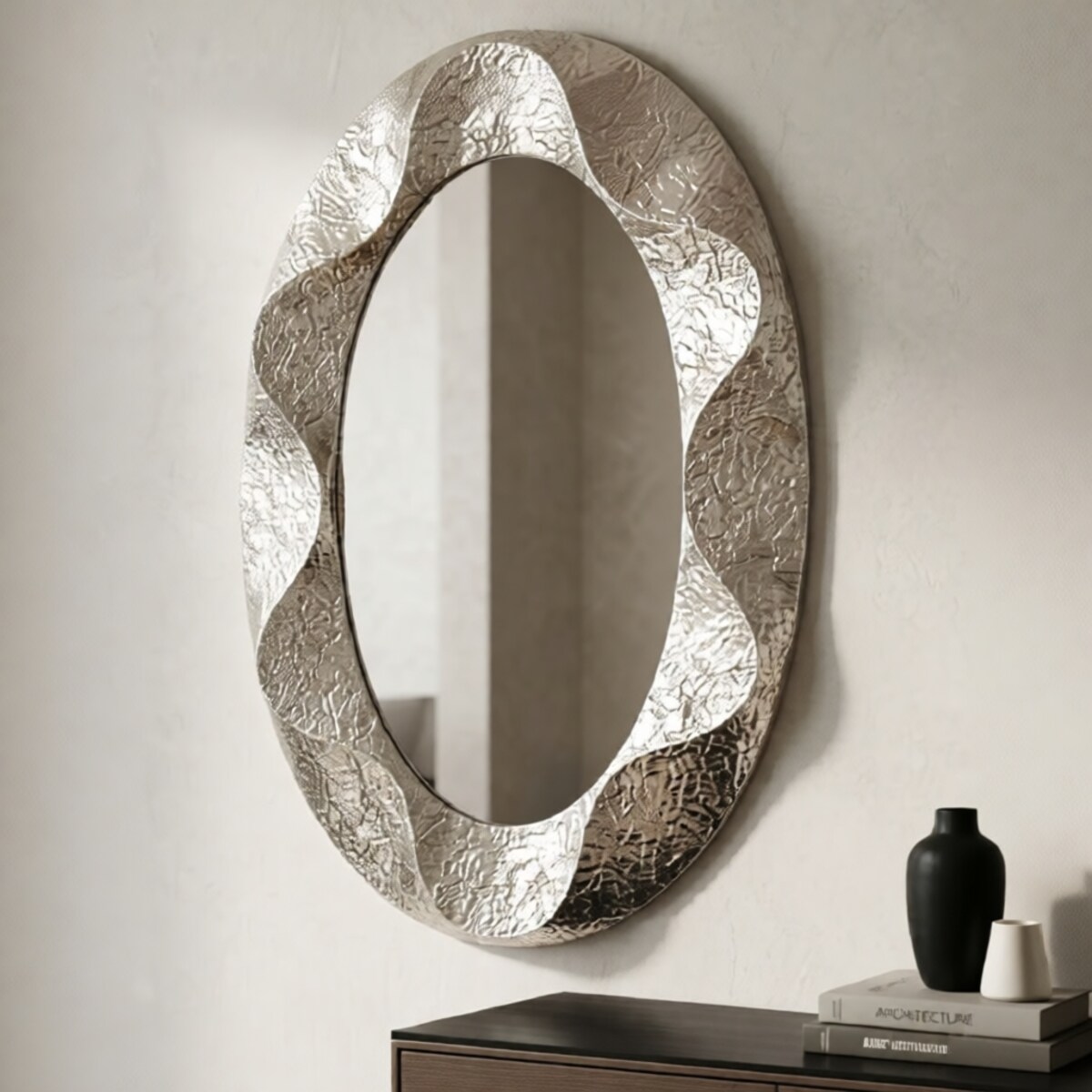Lustro ścienne Argelux Oval, kolor srebrny, żelazo i płyta MDF, 87,5 x 6,5 x 128 cm, kształt owalny, do salonu i przedpokoju, Mauro Ferretti