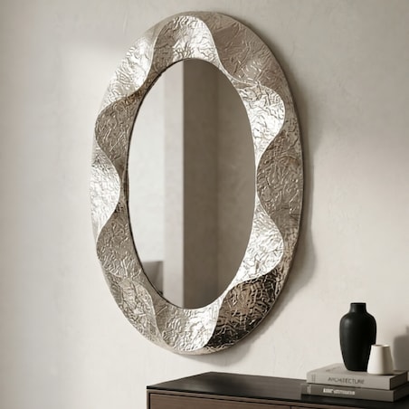 Lustro ścienne Argelux Oval, kolor srebrny, żelazo i płyta MDF, 87,5 x 6,5 x 128 cm, kształt owalny, do salonu i przedpokoju, Mauro Ferretti