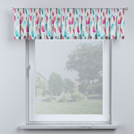 Lambrekin na taśmie marszczącej 130x40 różowe i turkusowe piórka