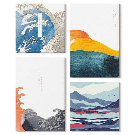 Zestaw 4 obrazów na płótnie - Fale sztuka japońska grafika - niebieski