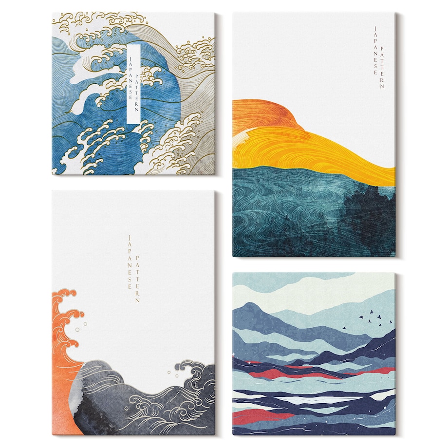 Zestaw 4 obrazów na płótnie - Fale sztuka japońska grafika - niebieski