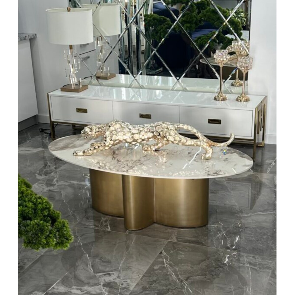 Nowoczesny złoty stolik kawowy owalny Premium Emporio z kamiennym blatem marmurkowym 130x70