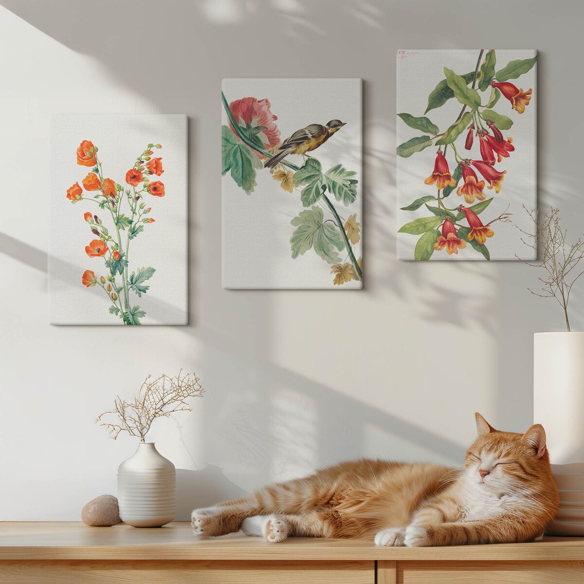 Zestaw 3 małych obrazów na płótnie - Malowane kwiaty i ptak - pomarańczowy