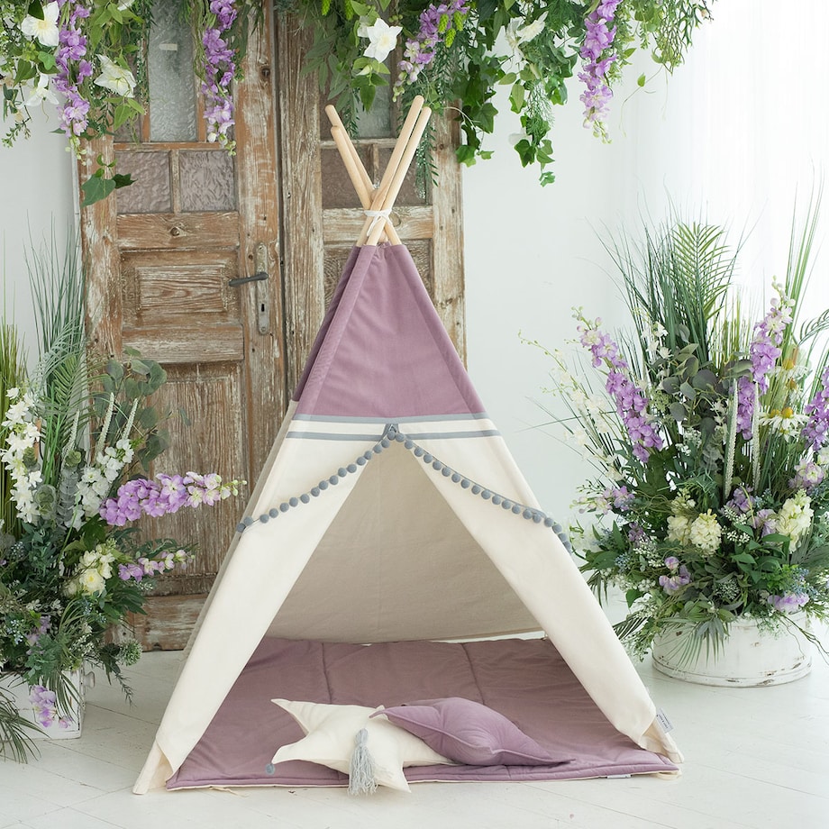 Namiot tipi Pink Velvet, różowe tipi z matą i poduszkami