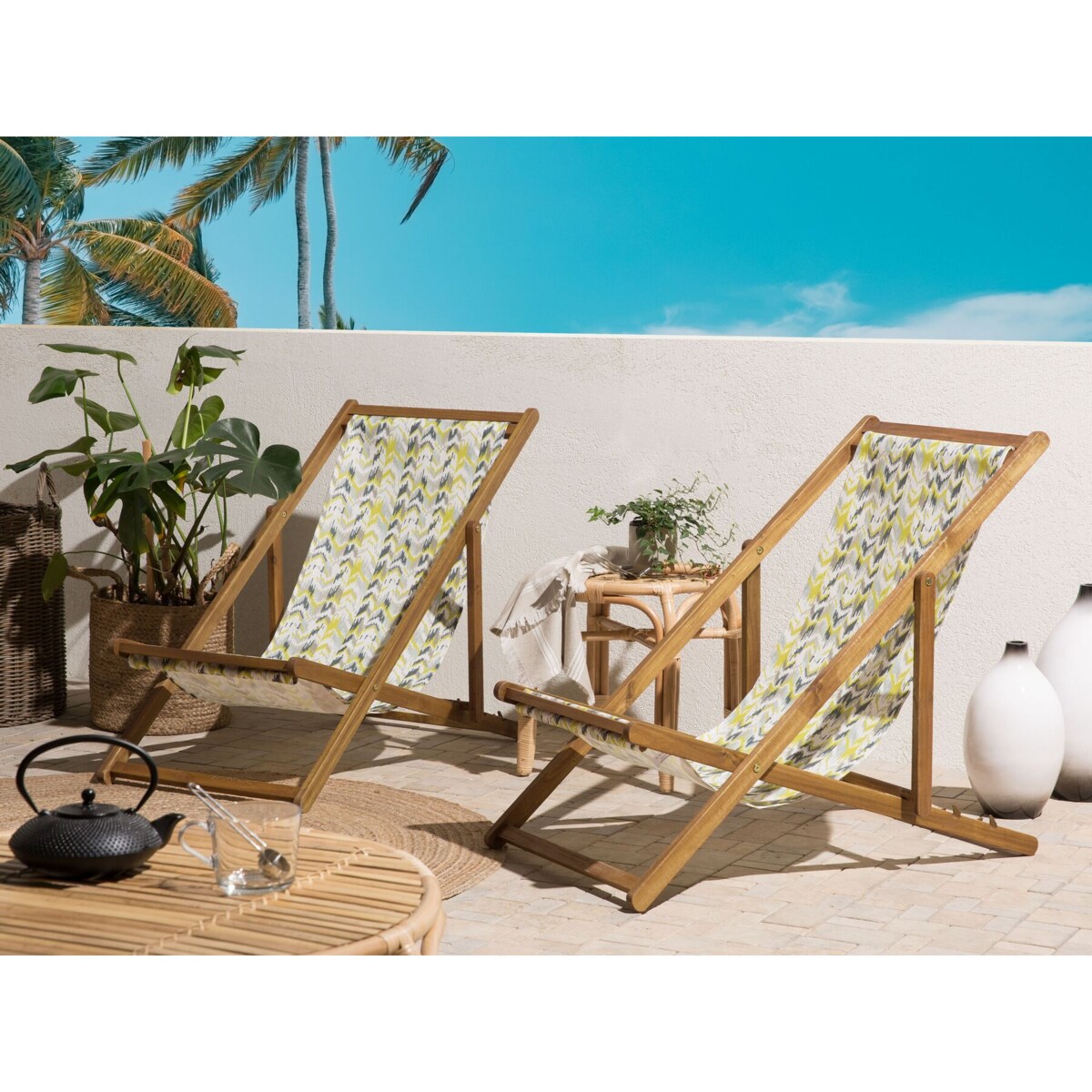 Zestaw 2 leżaków ogrodowych jasne drewno akacjowe żółto-szary ANZIO