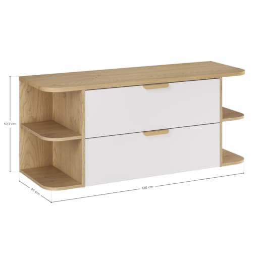 ASTER 120 cm biała wisząca szafka pod umywalkę z dwoma otwartymi narożnymi nadstawkami i dębowym blatem