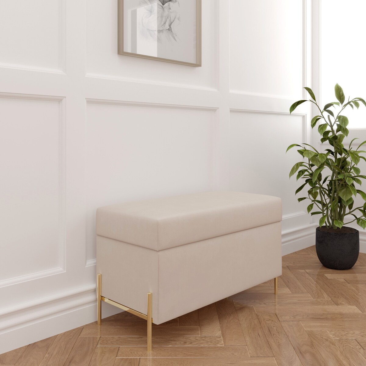 Beżowa tapicerowana ławka Dancan BORGO z pojemnikiem, na złotych metalowych nogach